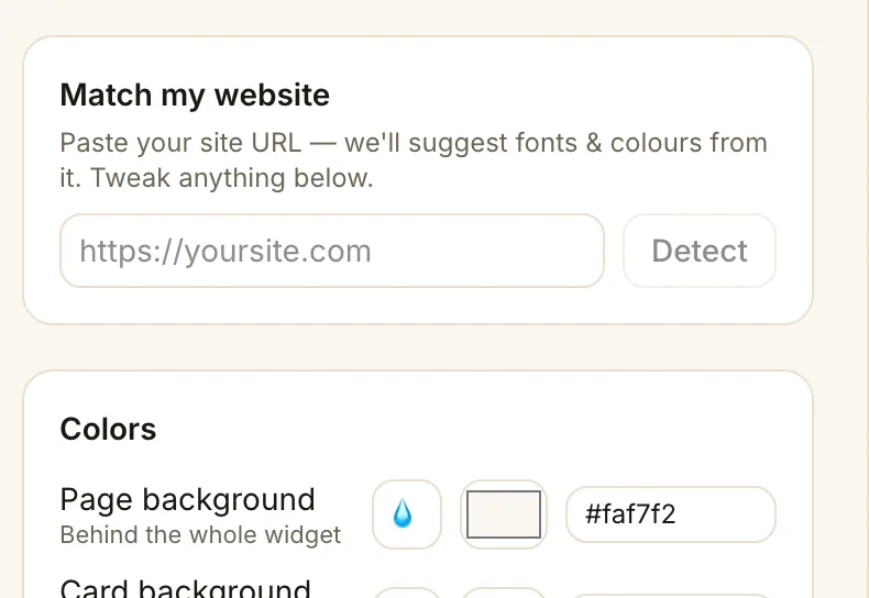 Match my website in the real admin: paste your site URL, Detect, then fine-tune the nine named colors — Page background shown with its eyedropper