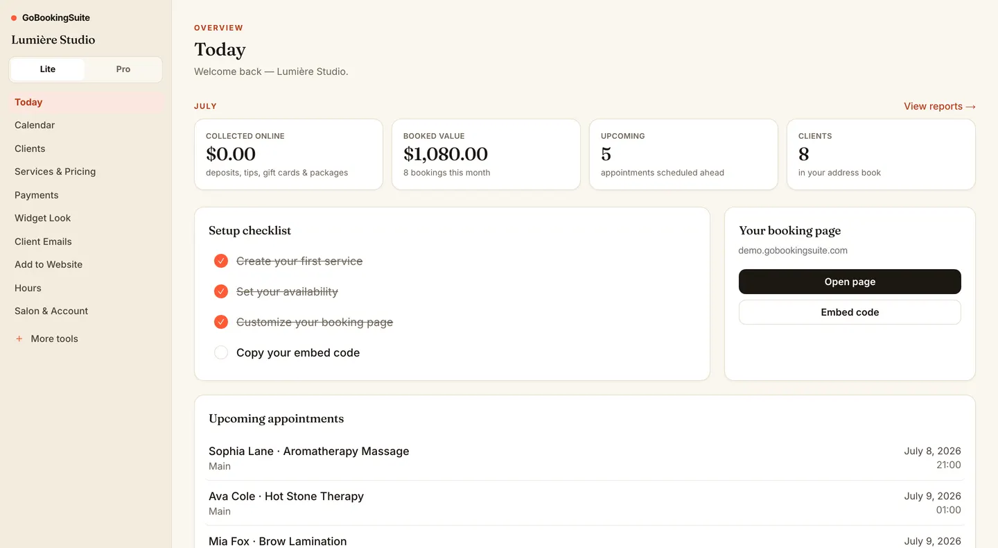 GoBookingSuite admin — Today: The day at a glance: collected online, booked value, upcoming, clients.