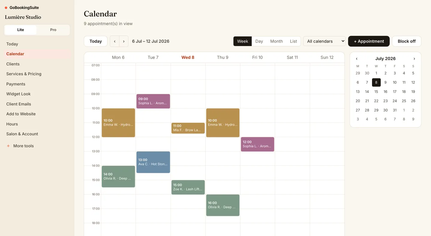 GoBookingSuite admin — Calendar: Week, day, month or list. Drag a booking to reschedule it.