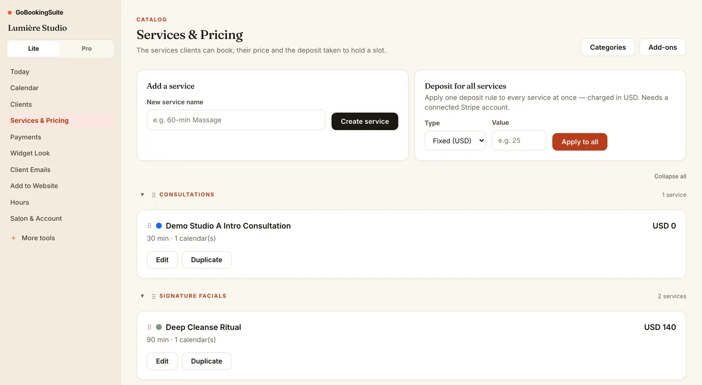 GoBookingSuite admin — Services: Categories, add-ons, one deposit rule for every service at once.