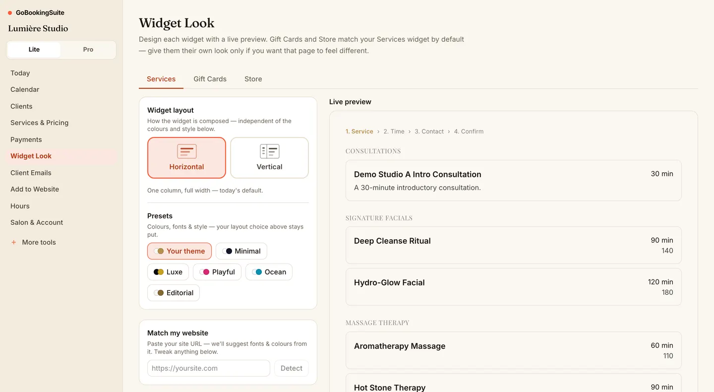 GoBookingSuite admin — Widget Look: Theme Studio: presets, nine colors, Match my website — with a live preview.